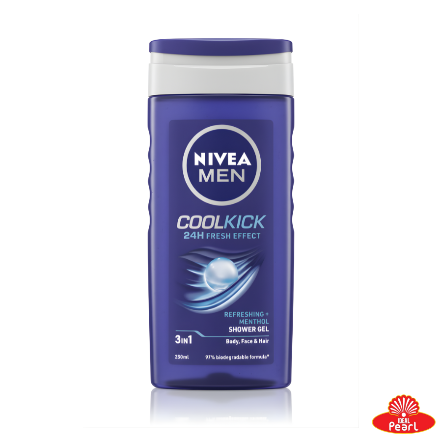 NIVEA MEN COOLKICK SHOWER GEL BODY, FACE & HAIR - 3 IN 1, 250ML