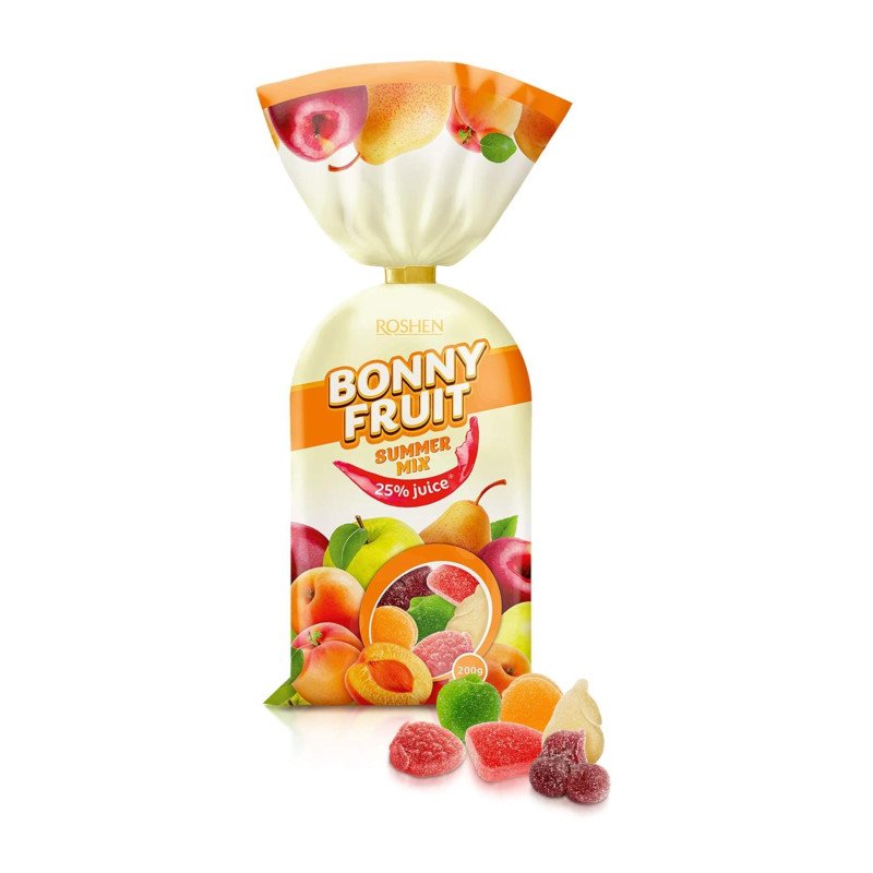 Roshen Bonny Fruit Summer Mix Gummy Candy, Made with 25% Fruit Juice, Kosher, Halal 200g